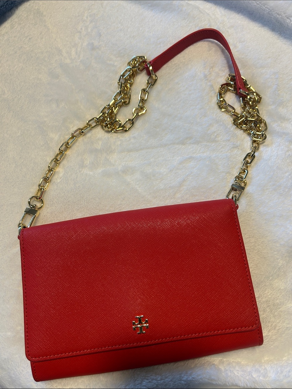 Tory Burch Red Leather Crossbody with Gold Chain